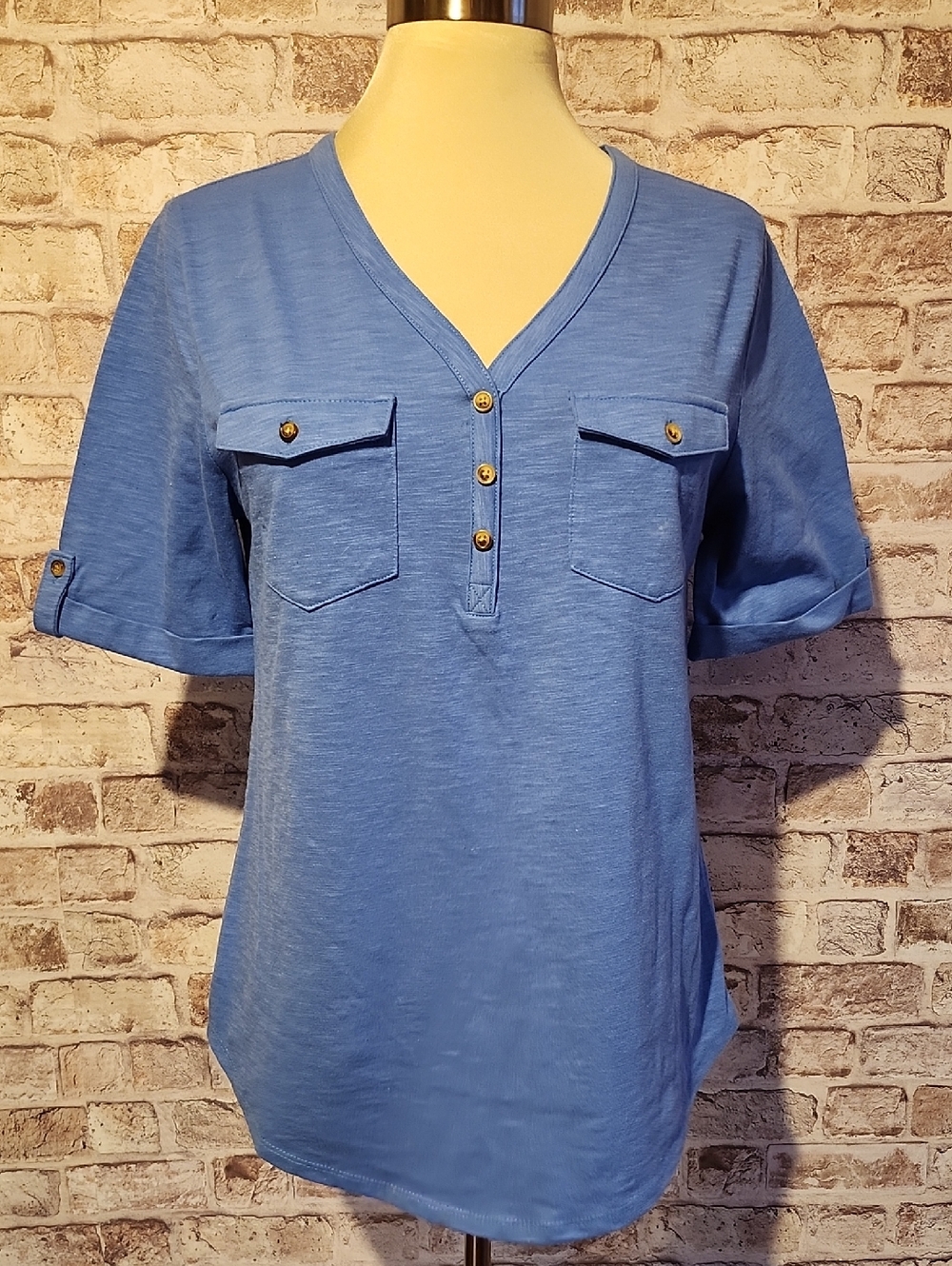 croft & barrow Blue V-Neck Short Sleeve Henley with Chest Pockets